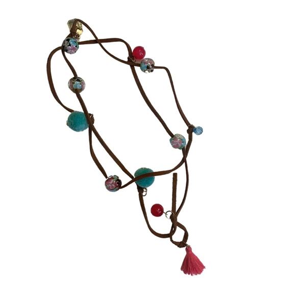 Adjustable Leather Wrap Bracelet Necklace Aqua Pink Charms Boho - Picture 2 of 7